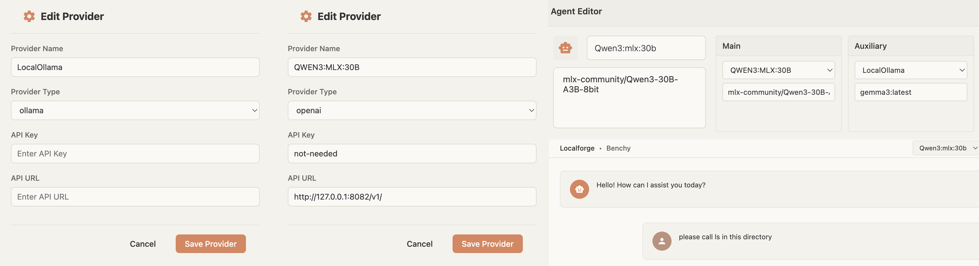 Localforge settings screens showing Qwen3 configuration