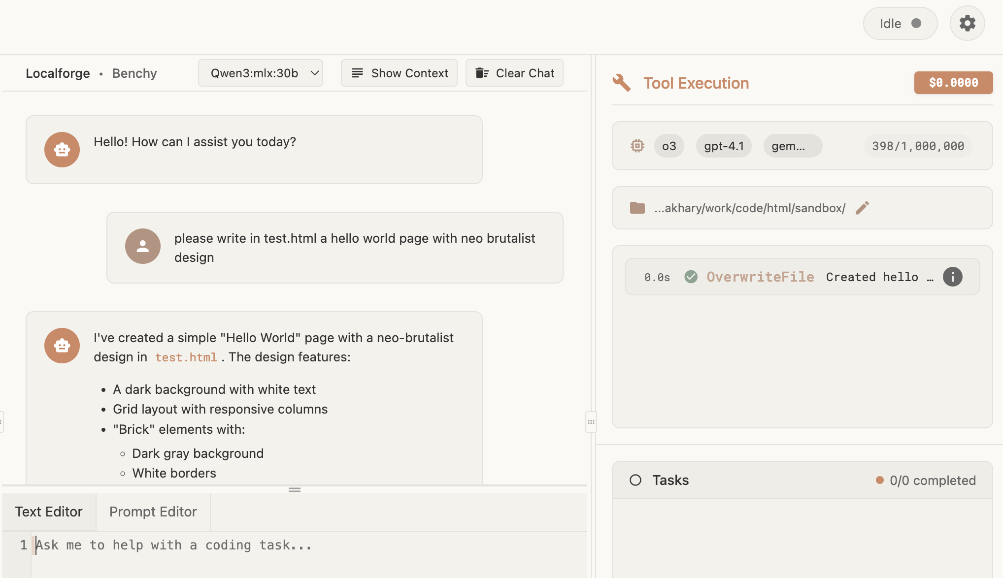 Localforge with Qwen3 agent successfully using tools